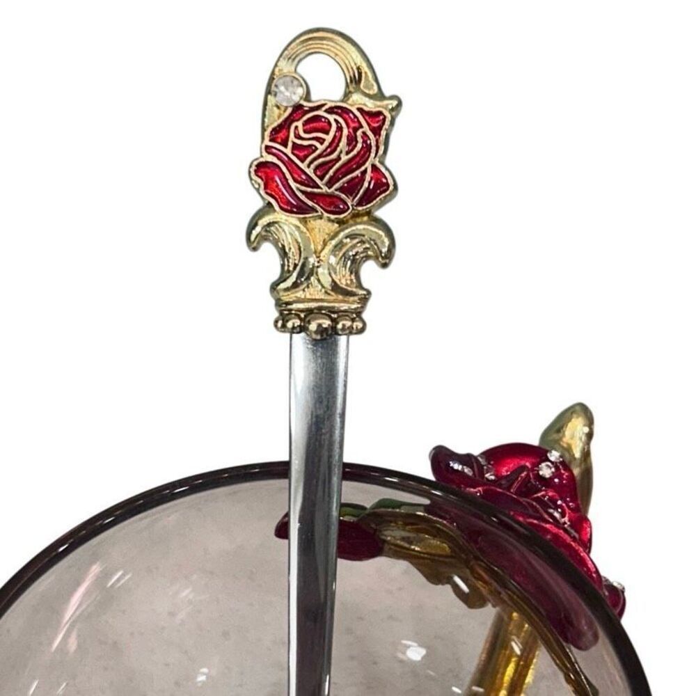 ARC Of France Jeweled Enameled Tea Cup Coffee Mug Clear Glass With Spoon 4" - Picture 4 of 5